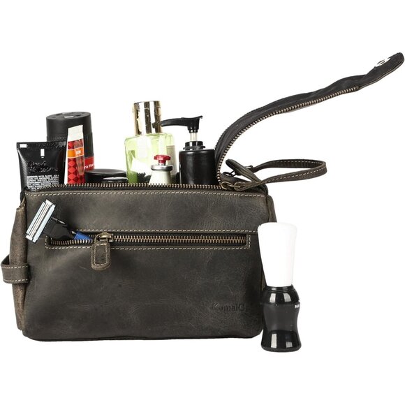 Unisex Charcoal Black Premium Buffalo Leather Toiletry Bag Travel Shaving kit - Picture 9 of 9